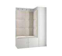 Mirjan24 Kirtan Slim IX, Armoire à chaussures avec 6 compartiments + planche à crochets, panneau rembourré/panneau mural, 4 crochets doubles, portemanteau de couloir (blanc, Manille 02)
