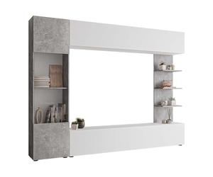 Mirjan24 Lazando Meuble de salon, meuble mural, meuble multimédia, armoire murale composée d'un meuble suspendu, d'une vitrine, d'un meuble TV bas et d'une étagère murale (blanc/béton)