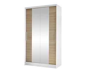 Mirjan24 Margite II Armoire avec 2 miroirs, tringle à vêtements et 5 compartiments, armoire pour chambre à coucher, couloir, penderie, armoire à portes coulissantes (blanc/chêne Sonoma)