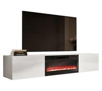 Mirjan24 Meuble TV avec Cheminée Électrique Slide 200 Meuble TV Bas avec Ouverture sans Poignée, Placard Mural, Cheminée Électrique, Chauffage, Flamme LED Réaliste (blanc/blanc brillant)