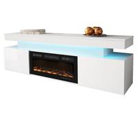 Mirjan24 Meuble TV Serkuzo EF 2D avec Cheminée Électrique, Meuble TV Pratique, Meuble TV Bas avec Ouverture sans Poignée, Flamme LED Réaliste (Blanc/Blanc Brillant)