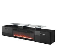 Mirjan24 Rozion Meuble TV avec cheminée électrique, flamme LED réaliste, avec cristaux décoratifs, cheminée électrique avec chauffage, noir brillant, éclairage LED