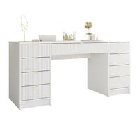 Mirjan24 Tireno ureau avec 9 tiroirs (velours blanc) | Table d'école ou coiffeuse avec façades striées, poignées dorées et beaucoup d'espace, l x h x p : 154 x 76 x 55 cm