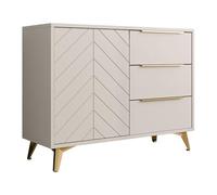 Mirjan24 Xylix 100 1D3SZ Commode avec 3 tiroirs et porte, façades cannelées, poignées et pieds dorés, buffet, buffet, armoire multi-usages, armoire de salon (beige sable)