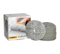 MIRKA Iridium Papier abrasif Premium Ø 125mm autoagrippant 89 trous, grain 180, 100 pces - Pour poncer la peinture, le mastic, l'apprêt, le bois, l'acier, les matériaux minéraux, le plastique