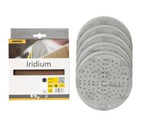 Mirka Iridium Papier abrasif Premium Ø 150mm autoagrippant 121-trous, grain 120, 10 pces/Pour poncer la peinture, le mastic, l'apprêt, le bois, l'acier, les matériaux minéraux, le plastique