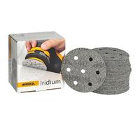 Mirka Iridium Papier abrasif Premium Ø 90mm autoagrippant 7 trous, grain 40, 50 pces/Pour poncer la peinture, le mastic, l'apprêt, le bois, l'acier, les matériaux minéraux, le plastique