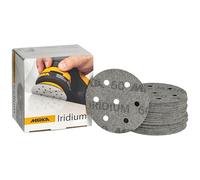 Mirka Iridium Papier abrasif Premium Ø 90mm autoagrippant 7 trous, grain 60, 50 pces/Pour poncer la peinture, le mastic, l'apprêt, le bois, l'acier, les matériaux minéraux, le plastique