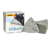 MIRKA Iridium Triangle de ponçage Papier abrasif Premium 93x93x93mm 15 trous autoagrippant, grain 150, 50 pcs - Pour poncer la peinture, mastic, apprêt, bois, acier, minéraux, plastique
