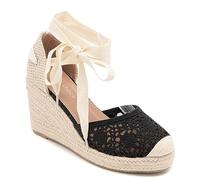 Miro Boho Chic Compensées Espadrilles Femme Plate-Forme Jute Sandales compensées Spartum avec Dentelle et Sangle de Cheville Chaussures Espadrilles Bohemien, Noir