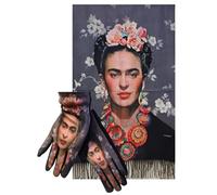 Miro Boho Chic - Frida Kahlo Écharpe Femme Laine Viscose Double Impression Gants Frida Cadeaux Originaux pour Femme Gants Femme Hiver Kit Cadeau Femme Set Cadeau, Frida Gris, Kit regalo