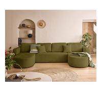 Miro - canapé panoramique en U 7 places - convertible avec coffre - en velours texturé - Vert Olive