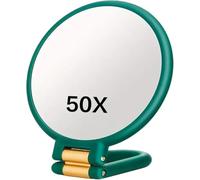 Miroir à main avec poignée - Miroir de maquillage double face grossissant x 50 et 1x, miroir de voyage pliable pour la maison, le mur et le bureau (vert)
