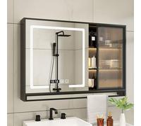Miroir anti-buée moderne noir avec affichage de l'heure, barre porte-serviettes - Solution de rangement élégante pour salle de bain, au-dessus des toilettes, 80 x 13 x 75 cm