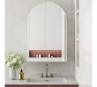 Miroir Arqué avec Cabinet de Rangement, Cabinet Médical Encastré, Cabinets Mural avec Cadre Métallique, Miroir et Étagères Réglables, Rangement pour Salle de Bain, Salon et Chambre, Blanc, 91x61x12 cm