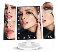 Miroir Blanc Lumineux 22 LEDs, Grossissant 1X, 2X, 3X, 10X. Pliable. Trois Volets dépliants, Rotation 180°. Vendeur et Stock en France.