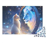 Miroir Chat Lion Magique Puzzle Relaxant 1000 Pièces pour Adultes Chaton Rencontre Un Lion Esprit dans Un Ciel Étoilé Premium Robuste Haute Qualité Défiant Anti-Stress 70x50cm/1000pcs