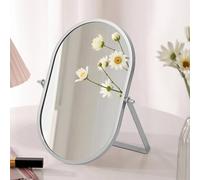 Miroir de bureau ovale avec cadre en métal - Inclinable à 90 ° - Brillant - Pliable et rotatif - Pour coiffeuse, salle de bain, chambre à coucher, bureau - Argenté