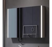 Miroir de courtoisie à éclairage LED avec étagères de rangement, prise de courant et lumière à détection automatique - Anti-buée, 3 couleurs à intensité variable