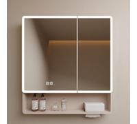 Miroir de courtoisie anti-buée à éclairage LED avec interrupteur tactile, étagère ouverte et trou pour papier pour le rangement de produits de beauté