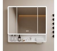 Miroir de courtoisie anti-buée à éclairage LED avec interrupteur tactile, étagère ouverte et trou pour papier pour le rangement de produits de beauté