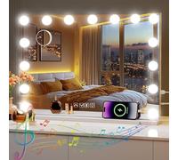 Miroir de courtoisie Hollywood avec lumières, grand miroir de maquillage éclairé 58 x 46 cm avec 15 ampoules LED à intensité variable, commande à écran tactile, port de sortie USB, miroir lumineux de