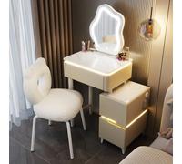 Miroir de courtoisie LED avec éclairage 3 couleurs, capteur tactile, haut-parleur Bluetooth et chargement USB, table de maquillage compacte avec lumières ambiantes pour dressing et chambre à coucher