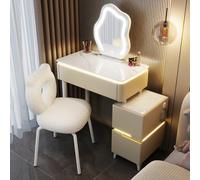 Miroir de courtoisie LED avec éclairage 3 couleurs et haut-parleur Bluetooth, bureau de maquillage à capteur tactile, port de charge USB, coiffeuse compacte avec lumières ambiantes pour une routine
