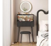 Miroir de courtoisie LED avec lumières réglables, miroir de maquillage rotatif, en bois avec tiroirs et tabouret, station de maquillage peu encombrante pour petites chambres (noir, 60 cm)
