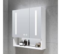 Miroir de courtoisie mural LED avec 3 températures de couleur réglables, design anti-buée, lumière à intensité variable, support de sèche-cheveux, organisateur de rangement moderne pour maquillage
