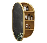 Miroir de courtoisie ovale mural en bois avec lumière désembuée pour salle de bain Finition dorée Taille 50 x 80 x 14 cm Élégant et fonctionnel