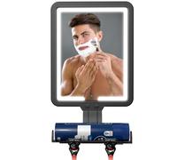 Miroir de douche antibuée avec lumière, grand miroir de rasage 23*17.5cm anti-buée, rechargeable 3 modes de couleurs avec lumière dimmable, avec compartiment de rangement et porte-lame de rasoir