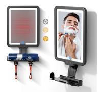 Miroir de douche chauffant anti-buée, miroir de douche LED de 24,1 x 20,3 cm, sans buée pour le rasage avec 3 modes de couleur, miroir de rasage à intensité variable avec plateau de rangement et