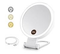 Miroir de maquillage avec éclairage, grossissement double face 20X/1X, LED 3 couleurs, 1000 mAh, câble de chargement USB,blanc