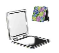 Miroir de maquillage de voyage avec hortensias colorés avec feuilles vertes double face en cuir PU portable compact grossissant de poche