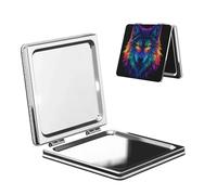 Miroir de maquillage de voyage coloré tête de loup fantaisie double face en cuir PU portable compact grossissant de poche