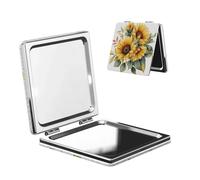 Miroir de maquillage de voyage en cuir PU double face avec bouquet de tournesols - Miroir grossissant de poche compact
