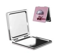 Miroir de maquillage de voyage en forme de boule disco argentée avec deux cerises rouges foncées, miroir grossissant de poche en cuir PU, portable et compact