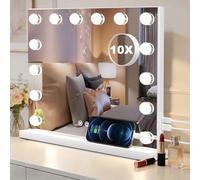 Miroir de Maquillage Hollywood avec Lumière, Miroir Coiffeuse LED 50x42 cm avec 14 Ampoules Variable, 3 Modes Couleur, Port de Charge USB, Contrôle Tactile et Miroir Grossissant, Fixation Murale ou su