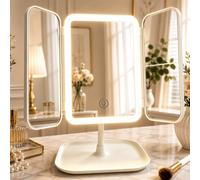 Miroir de maquillage LED pliable 3 fois, grossissement réel 2x/3x, 3 modes d'éclairage, rangement pliable, miroir de vanité avec base de rangement, miroir de maquillage rotatif, commande tactile, batt