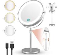 Miroir de Maquillage Lumière, Grossissement Lumineux 8'' 1X/10X, Miroir de Salle de Bain LED Double Face avec Support en Acier Inoxydable, 3 Luminosité Variable (3000-6500K), Bras Extensible Argent
