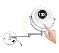 Miroir de Maquillage Mural 20 cm avec Éclairage 3 Couleurs Câblé Pliable Grossissant HD 2 Faces Argenté Grossissement 10X