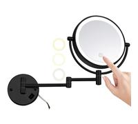 Miroir de Maquillage Mural 20 cm avec Éclairage 3 Couleurs Câblé Pliable Grossissant HD 2 Faces Noir Grossissement X3