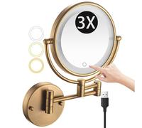 Miroir de maquillage mural avec variateur d'intensité tactile USB 20,3 cm Grossissement x3 3 couleurs Laiton extensible et rotatif Double face Miroir de courtoisie