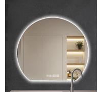Miroir de maquillage mural demi-cercle rétroéclairé à LED avec 3 lumières de couleur, affichage de l'heure et de la température, accessoire de coiffeuse moderne essentiel