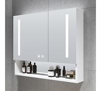 Miroir de maquillage mural LED avec 3 températures de couleur, intensité variable, anti-buée, support de sèche-cheveux, organisateur de rangement moderne, éclairage avant intelligent pour salle de