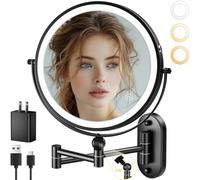Miroir de maquillage mural lumineux de 22,9 cm, 4 000 mAh rechargeable, double face, miroir grossissant 1x/10x avec lumière, 3 lumières de couleur, intensité tactile, bras étendu et rotation à 360°