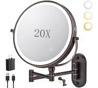 Miroir de maquillage mural lumineux de 22,9 cm, 4000 mAh rechargeable, double face, miroir grossissant 1x/20x avec lumière, intensité tactile, bras étendu rotatif à 360°, miroir de maquillage mural 3