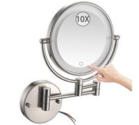 Miroir De Maquillage Mural Lumineux, Miroir De Courtoisie Double Face À LED Avec Grossissement 1X/10X, Intensité Réglable Par Écran Tactile, Pivotant À 360° Et Extensible,Brushed nickel,Hardwired