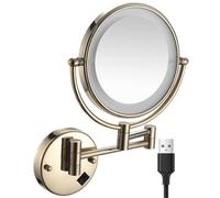 Miroir de Maquillage Mural Rechargeable 8 Pouces avec Éclairage LED Double Face en Laiton Grossissement X10 Rotation à 360° pour Salle de Bain Et Hôtel Couleur Or Bouton-Poussoir